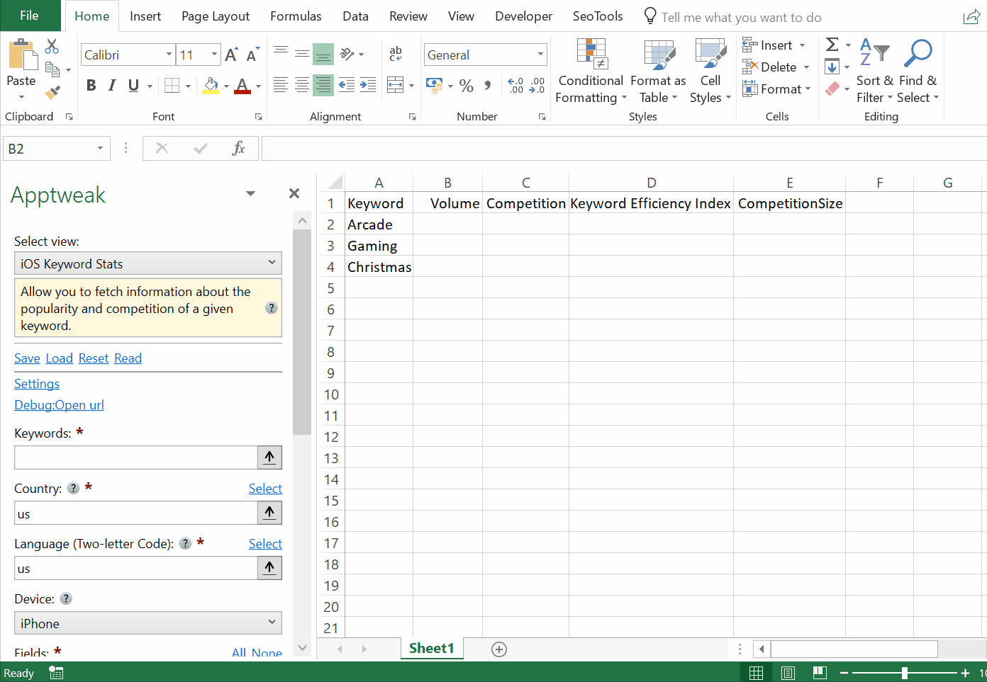 SEO Tools for excel integrated with AppTweak API